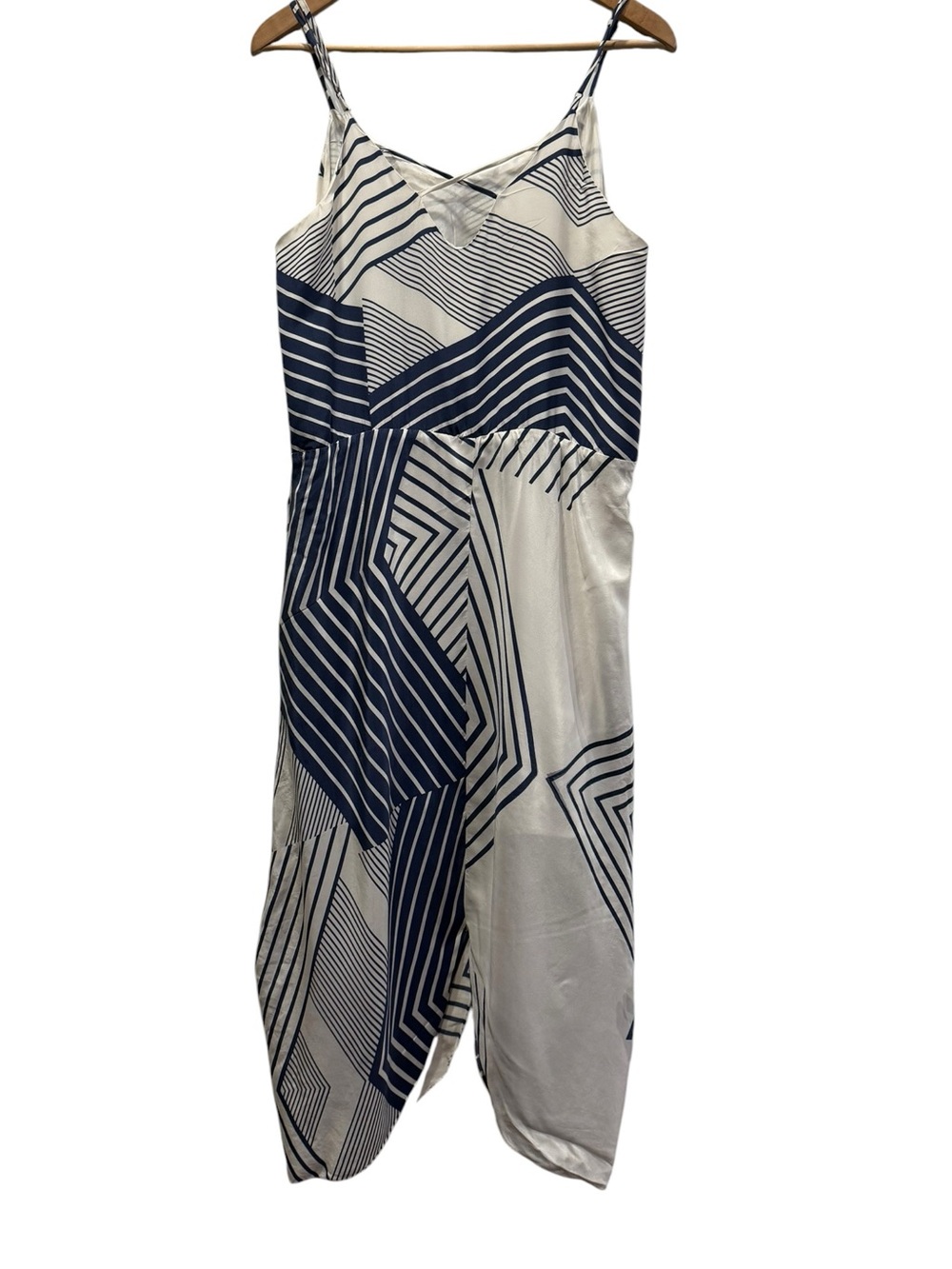 MYNE Ashley Ann 100% Silk Geometric Cami Dress – Navy Blue & White – Size 8